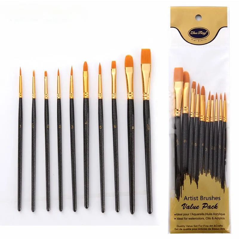 10 PCs Black Stick Multifunctional Nylon Hair Watercolor Brushes