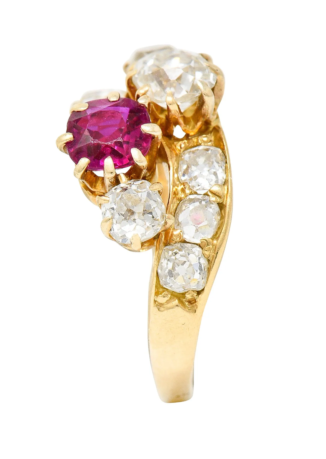 1900 Victorian 1.90 CTW Diamond Ruby 14 Karat Yellow Gold Bypass Ring