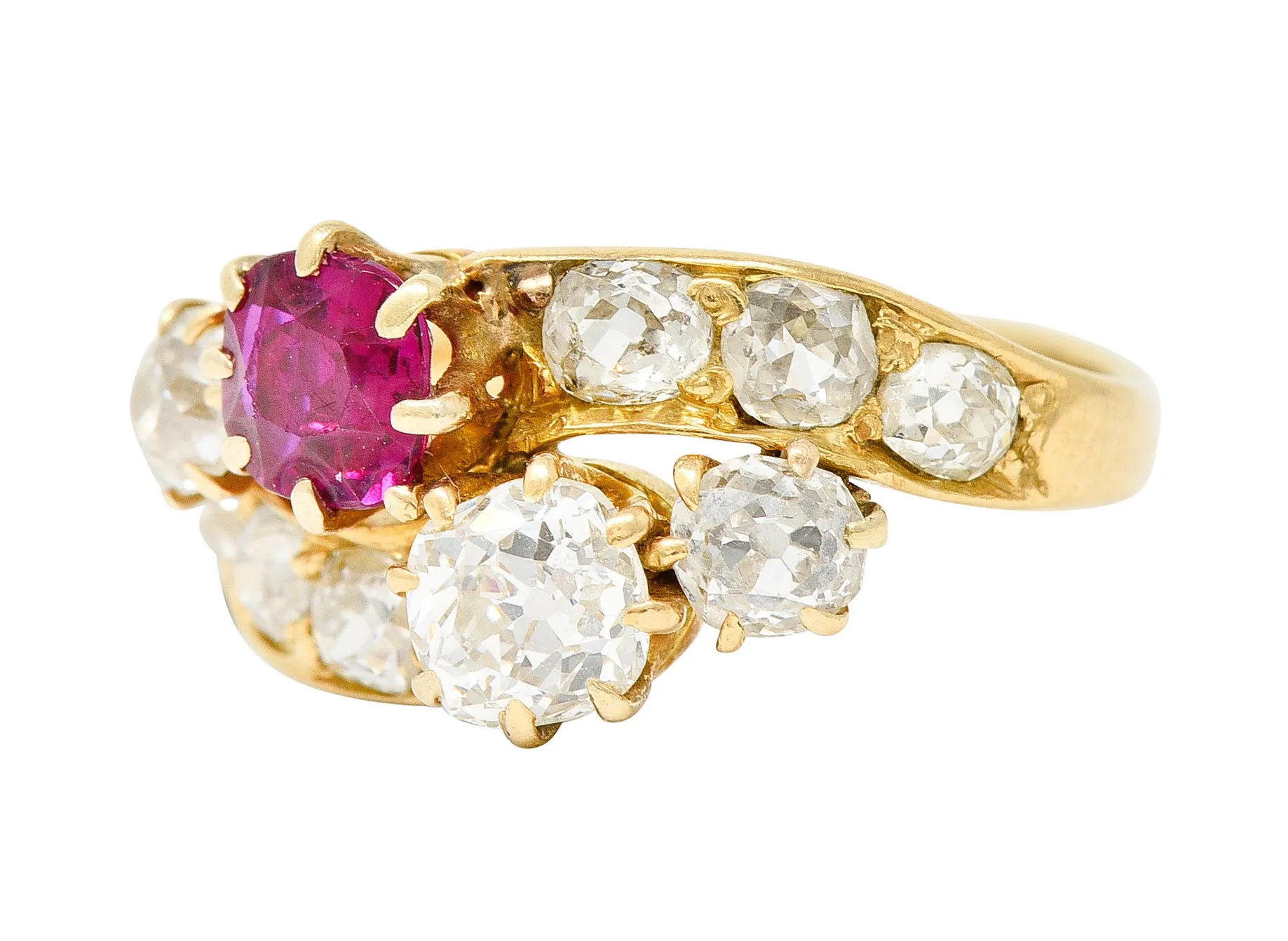 1900 Victorian 1.90 CTW Diamond Ruby 14 Karat Yellow Gold Bypass Ring