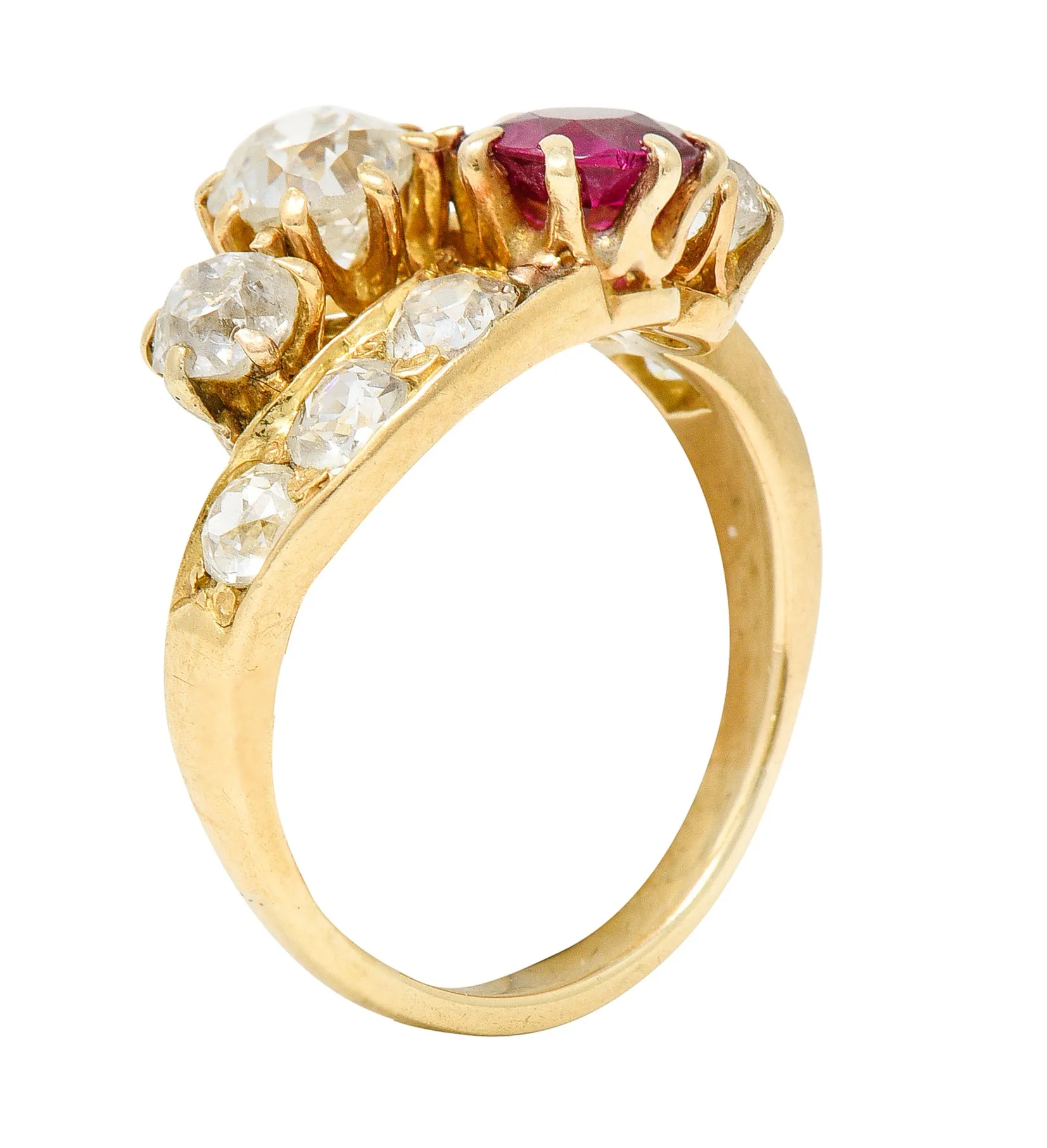 1900 Victorian 1.90 CTW Diamond Ruby 14 Karat Yellow Gold Bypass Ring