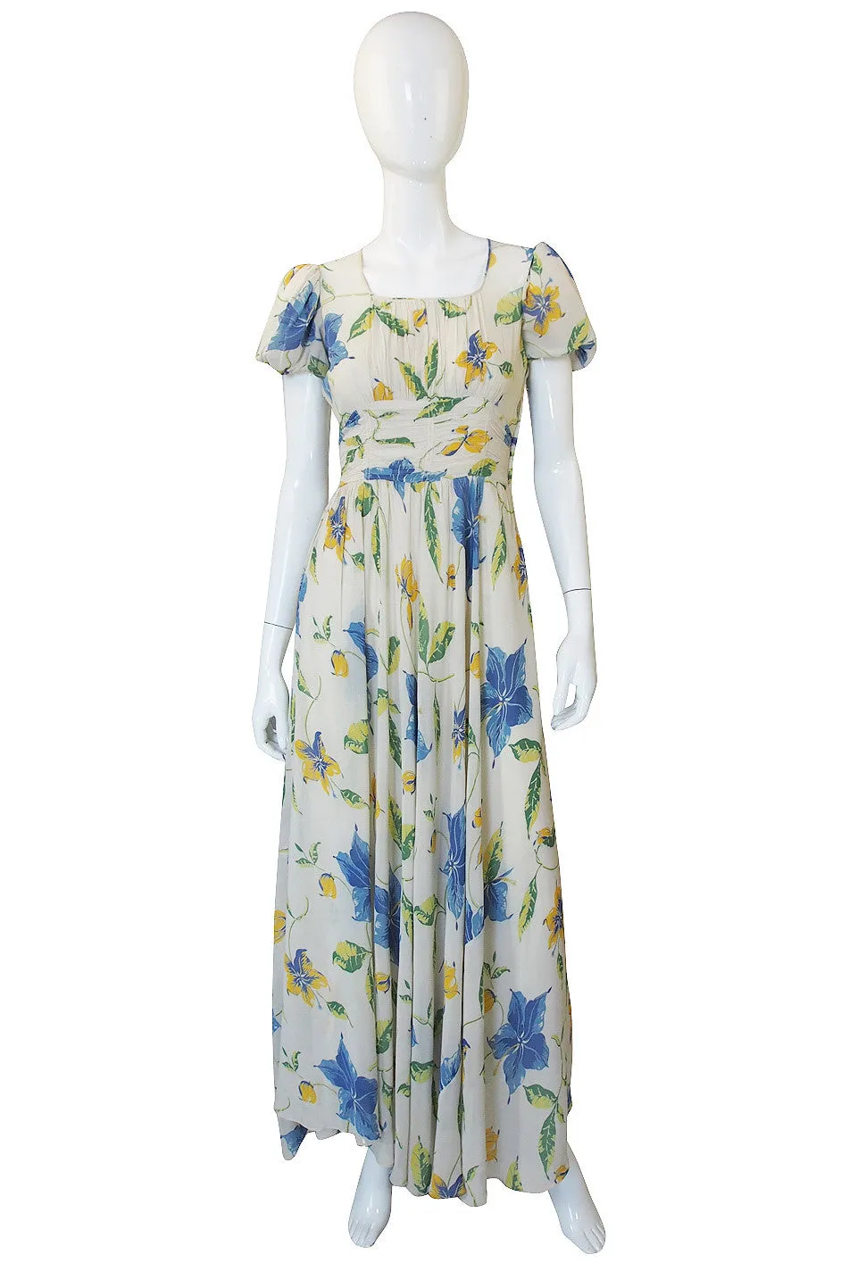 1930s Puffed Sleeve Floral Silk Chiffon Gown