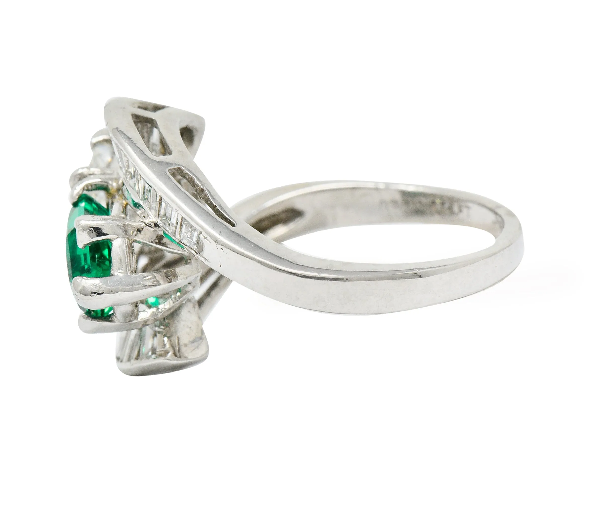 1950's Mid-Century 3.46 CTW Diamond Emerald Platinum Vintage Cocktail Ring