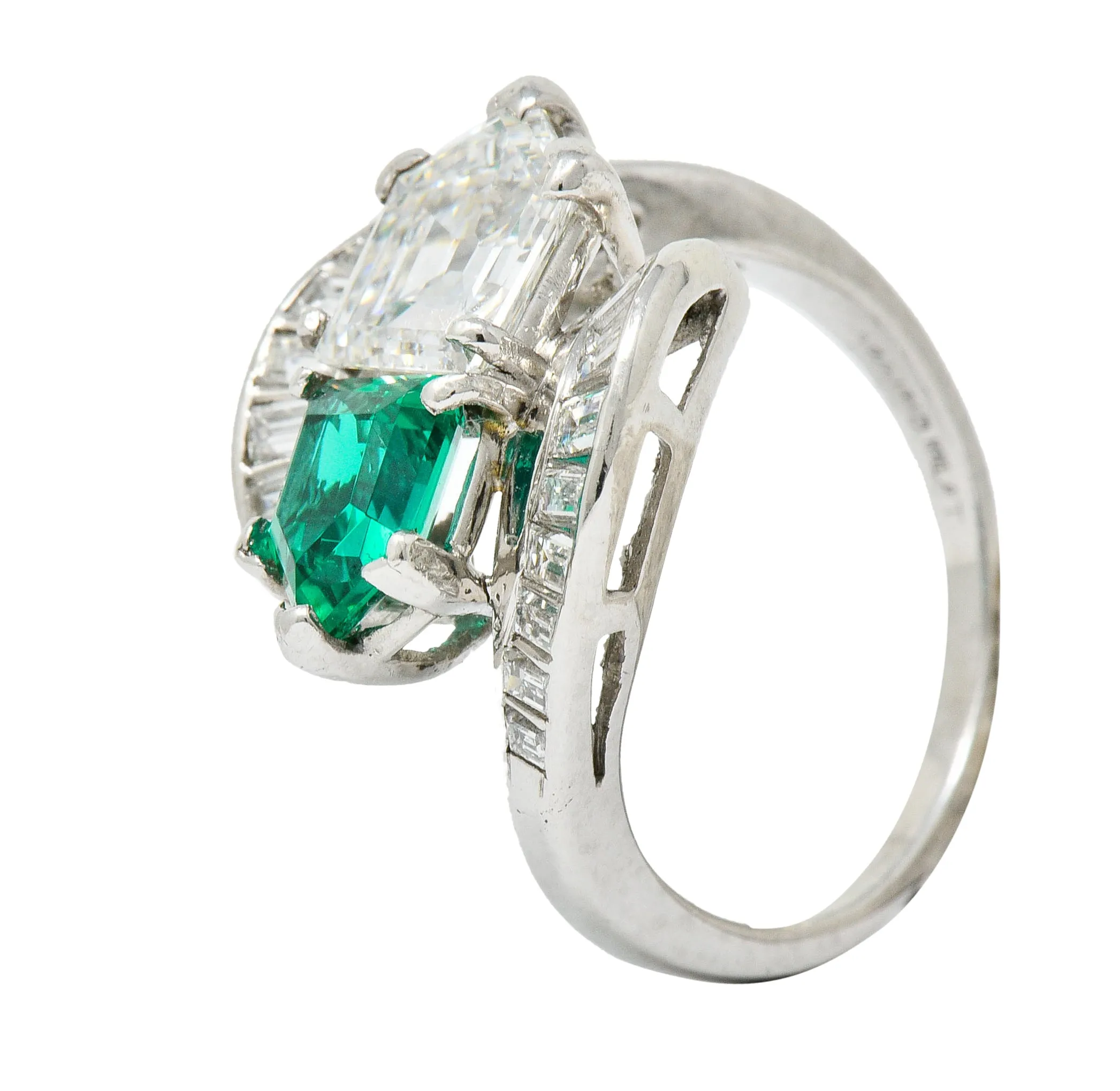 1950's Mid-Century 3.46 CTW Diamond Emerald Platinum Vintage Cocktail Ring