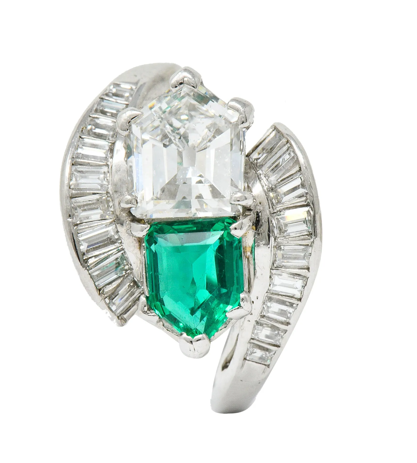 1950's Mid-Century 3.46 CTW Diamond Emerald Platinum Vintage Cocktail Ring