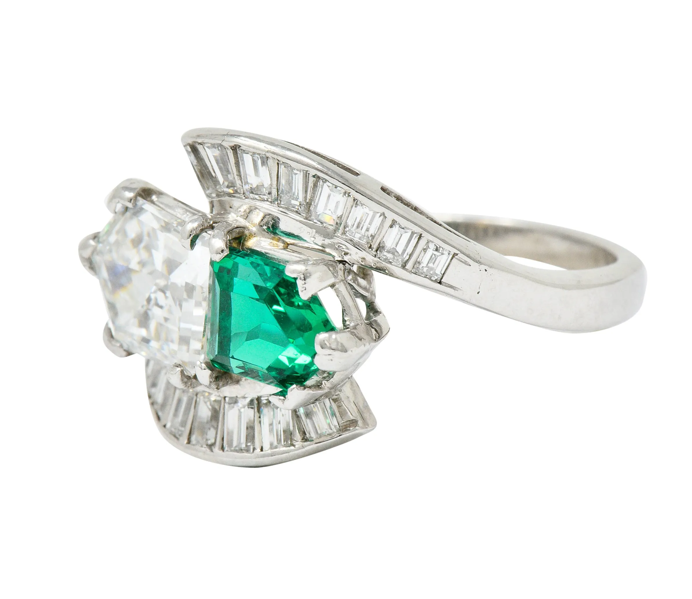 1950's Mid-Century 3.46 CTW Diamond Emerald Platinum Vintage Cocktail Ring