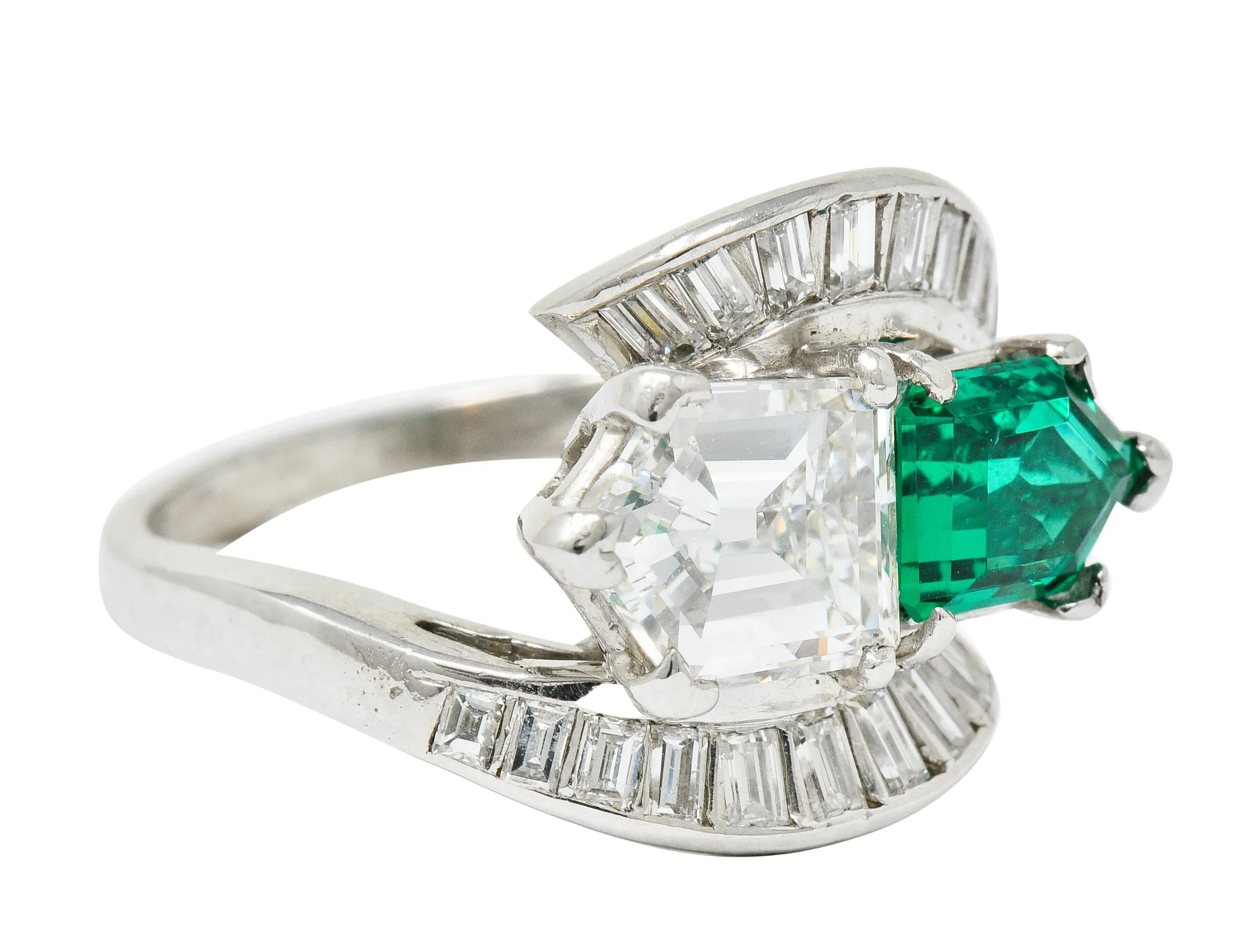 1950's Mid-Century 3.46 CTW Diamond Emerald Platinum Vintage Cocktail Ring