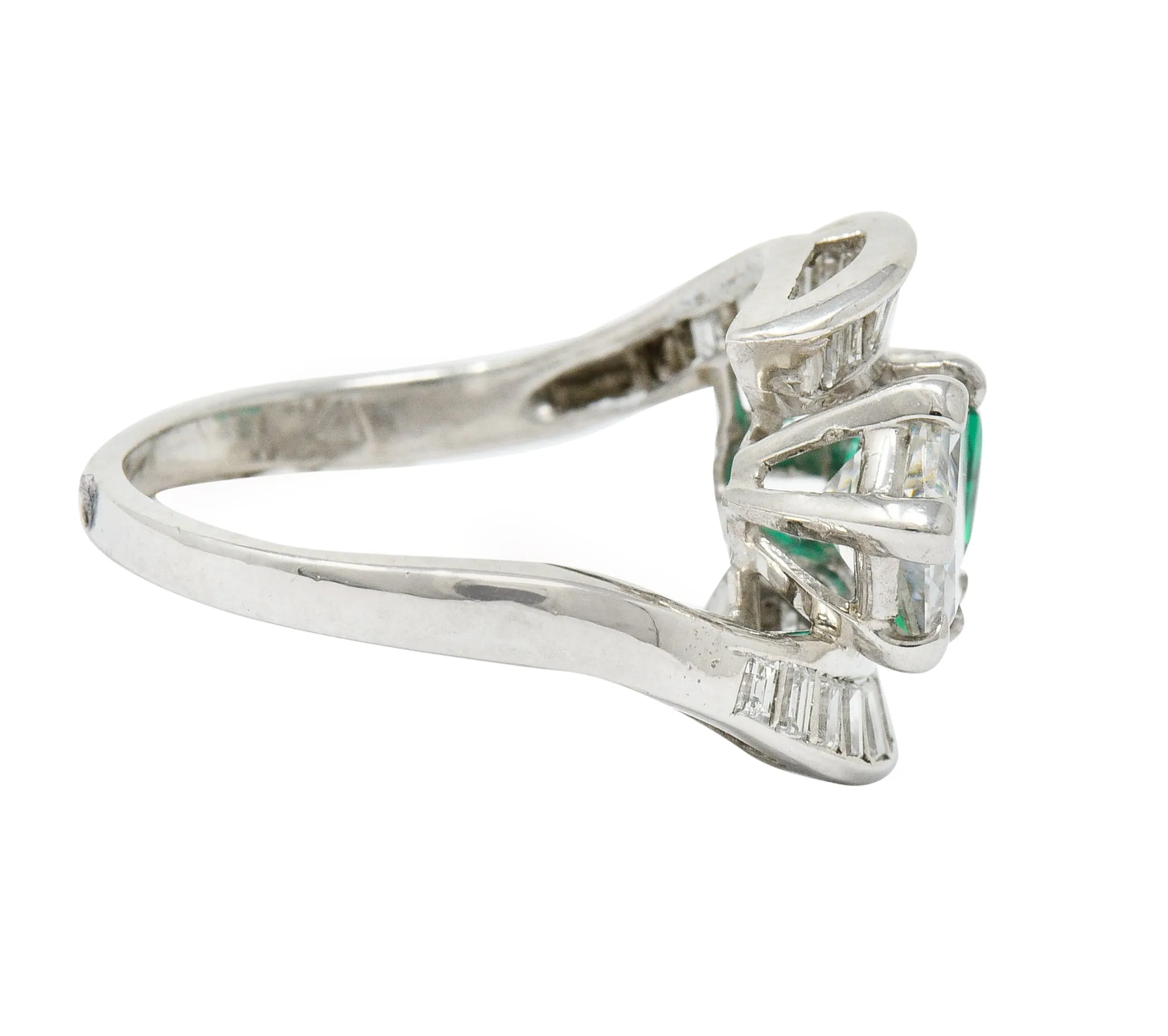 1950's Mid-Century 3.46 CTW Diamond Emerald Platinum Vintage Cocktail Ring