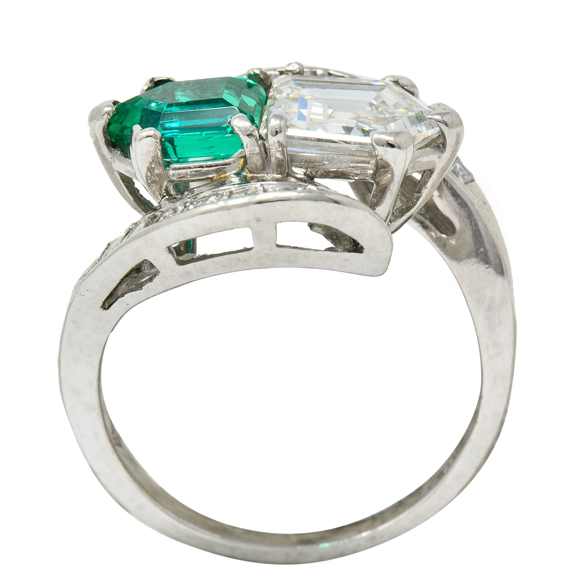 1950's Mid-Century 3.46 CTW Diamond Emerald Platinum Vintage Cocktail Ring