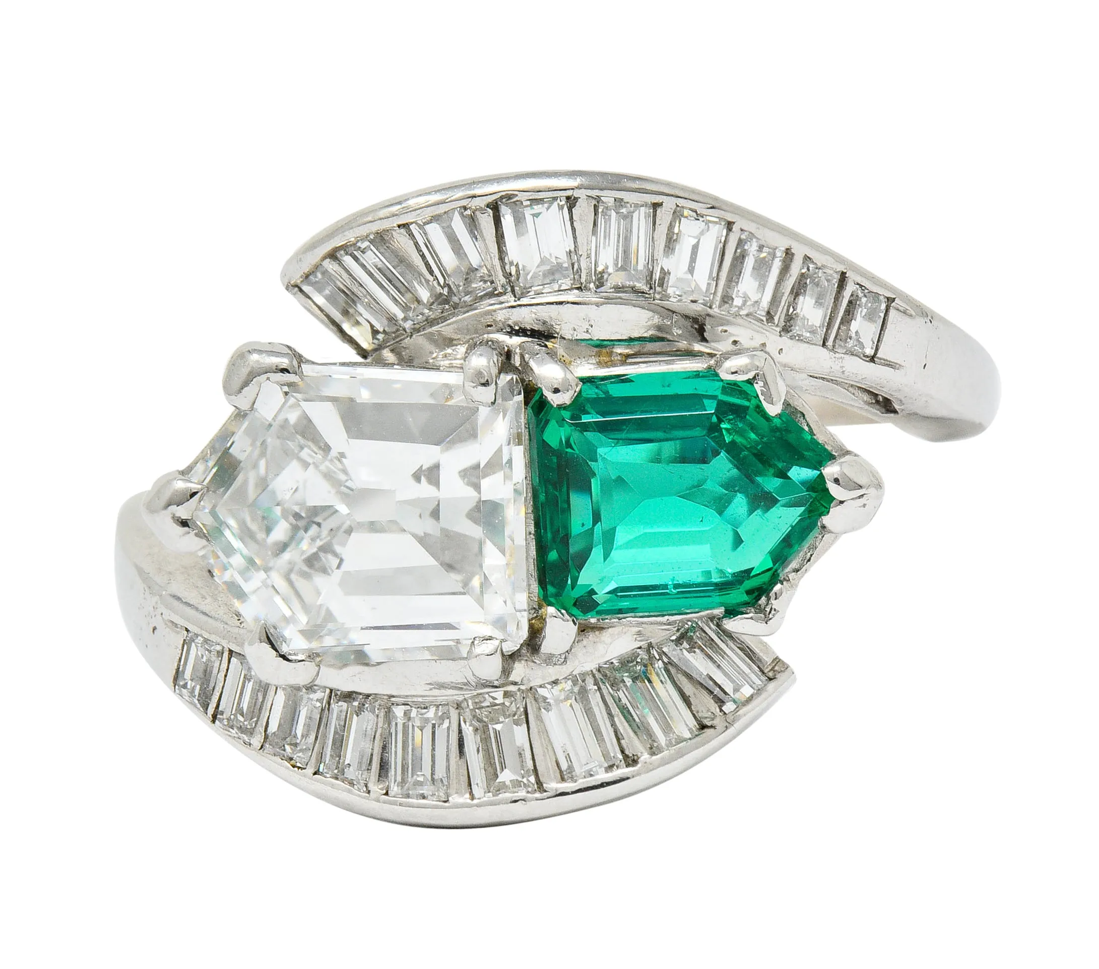 1950's Mid-Century 3.46 CTW Diamond Emerald Platinum Vintage Cocktail Ring