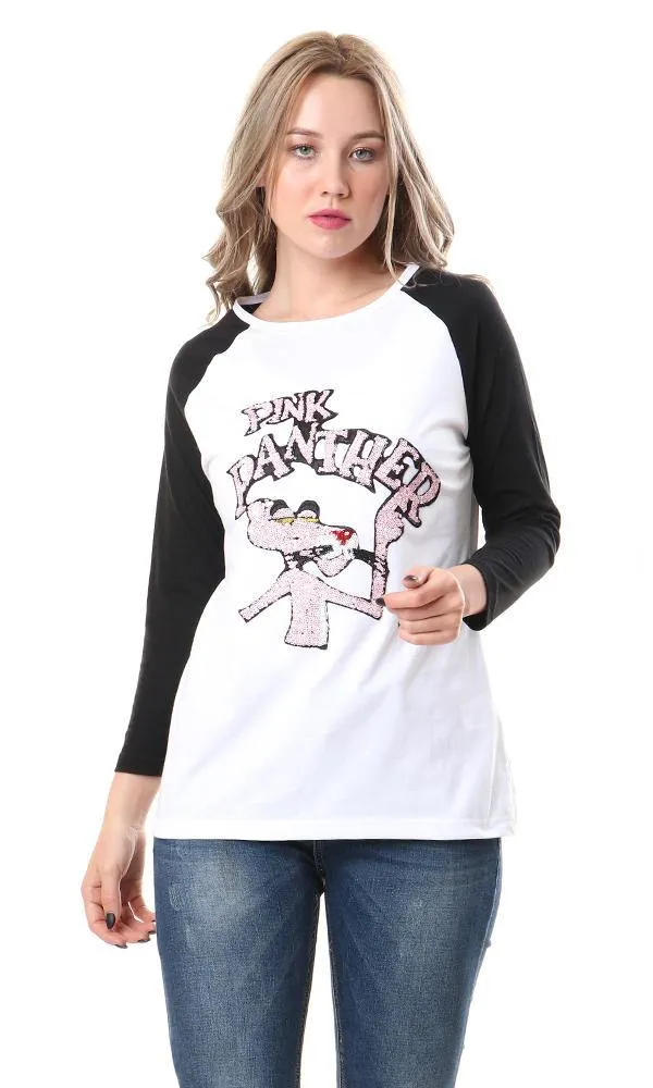 57696 Bi-Tone Long Sleeves Pink Panther Tee - Black & White