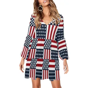 americana love rwb print V-Neck Loose Fit Dress (Model D62)