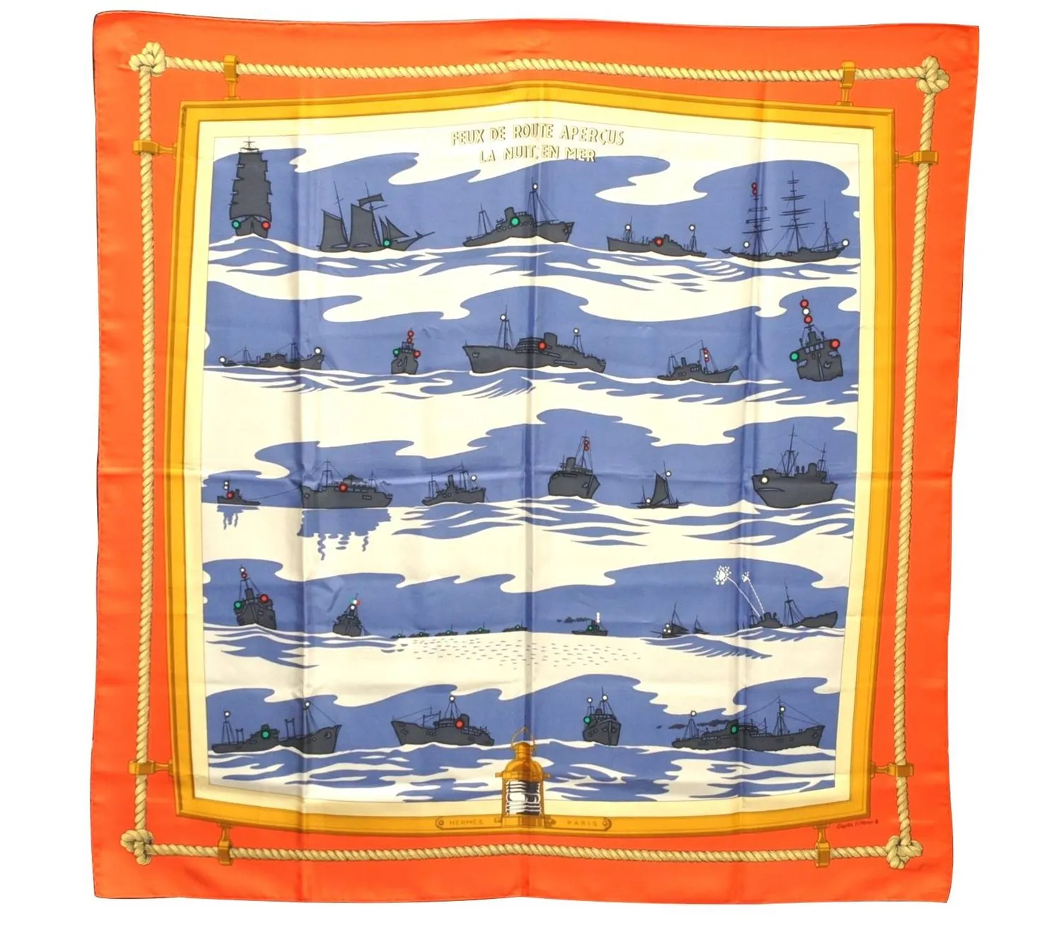 Auth HERMES Carre 90 Scarf "FEUX DE RPUTE APERCUS LA NUIT" Silk Orange 2771D