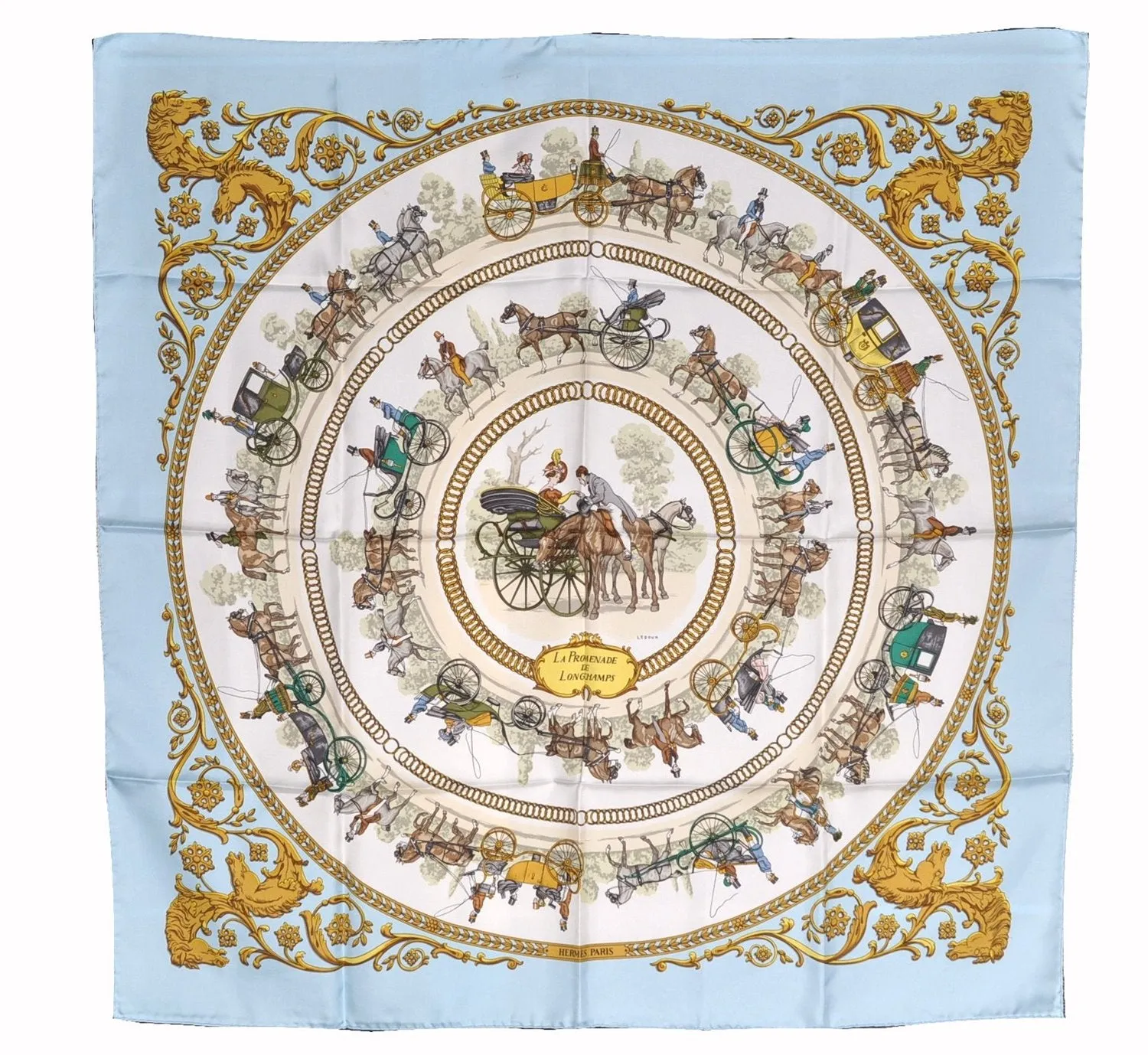 Auth HERMES Carre 90 Scarf "LA PROMENADE DE LONGCHAMPS" Silk Light Blue 5832F