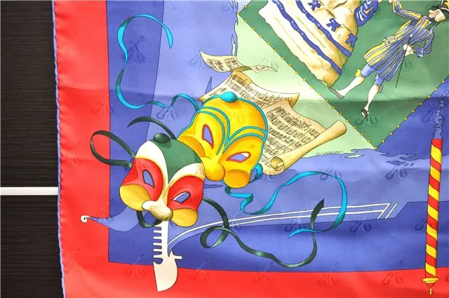 Auth HERMES Carre 90 Scarf "LE CARNAVAL DE VENISE" Silk Blue Red Paper Bag 9243D