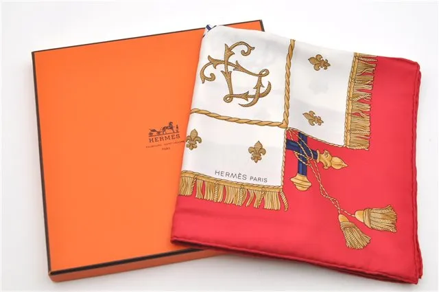 Auth HERMES Carre 90 Scarf "VUE DU CARROSSE DE LA GALERE" Silk Red Box 3913D