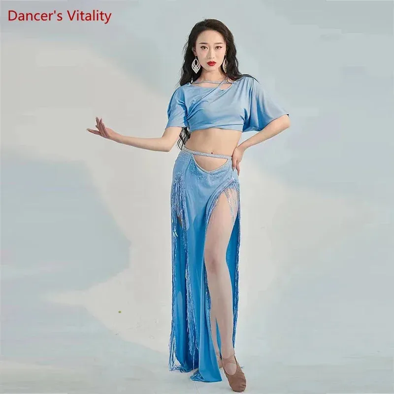 Belly Dance Professional Costumes Set Female Shining Performance Clothing Short Sleeves Top long Skirt 2pcs Oriental Dance Wear