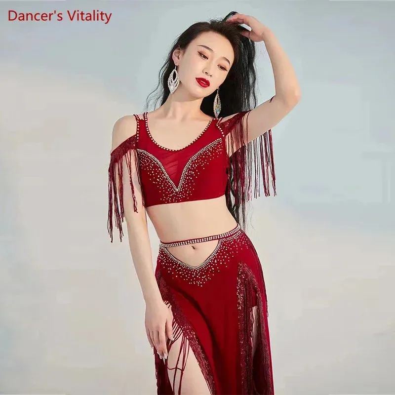 Belly Dance Professional Costumes Set Female Shining Performance Clothing Short Sleeves Top long Skirt 2pcs Oriental Dance Wear