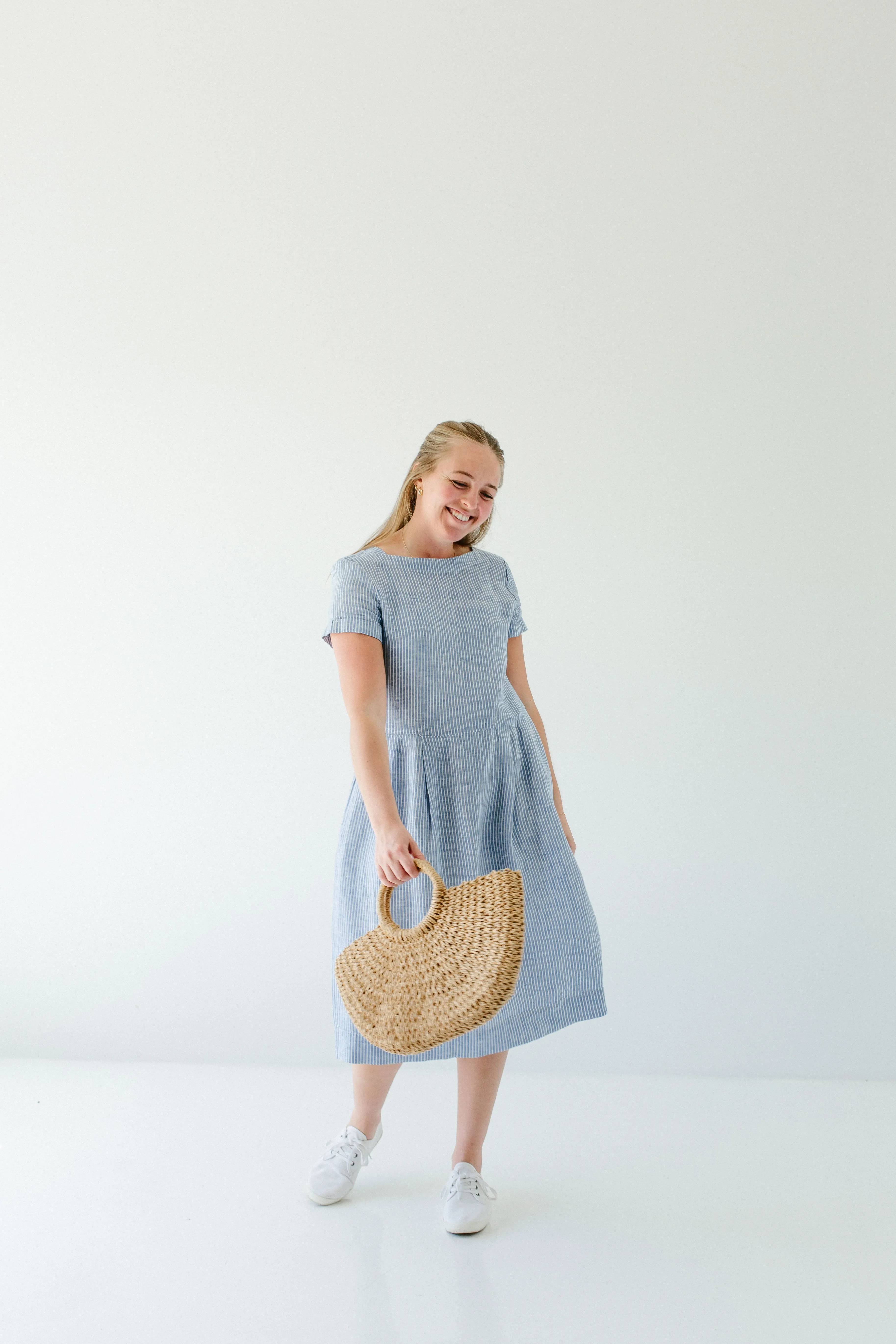 'Brigitte' 100% Linen Striped Midi Dress in Blue