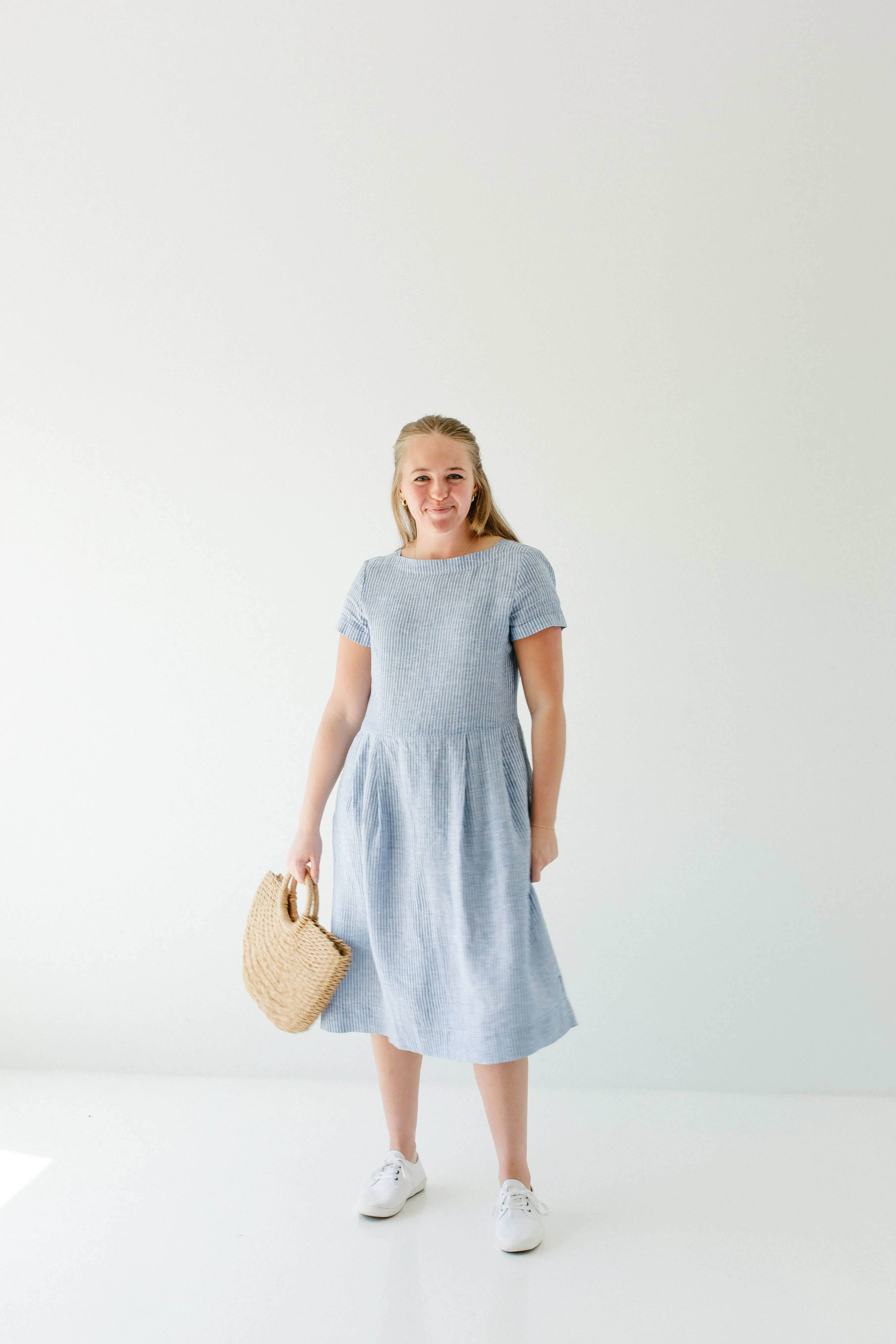 'Brigitte' 100% Linen Striped Midi Dress in Blue