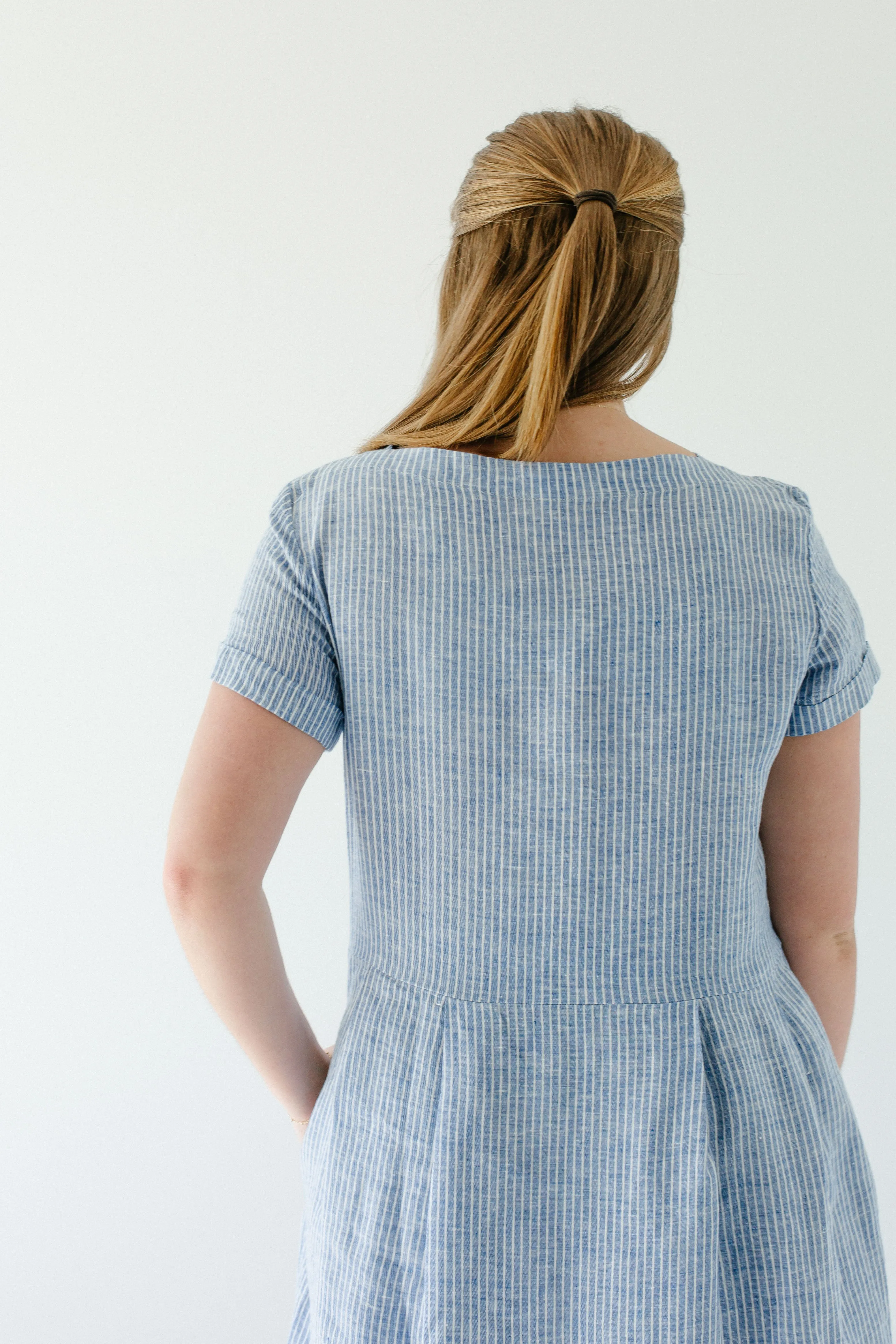 'Brigitte' 100% Linen Striped Midi Dress in Blue