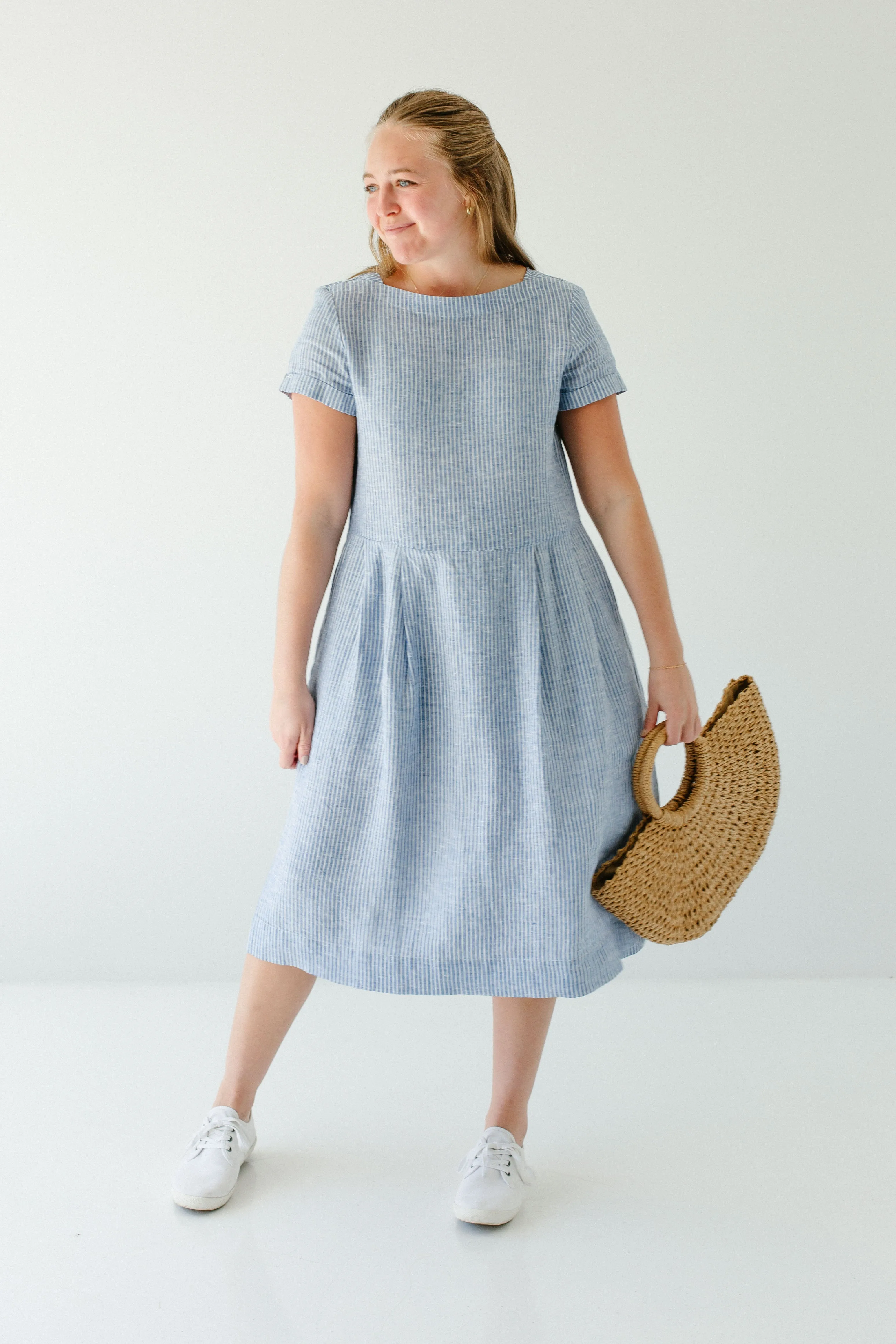 'Brigitte' 100% Linen Striped Midi Dress in Blue