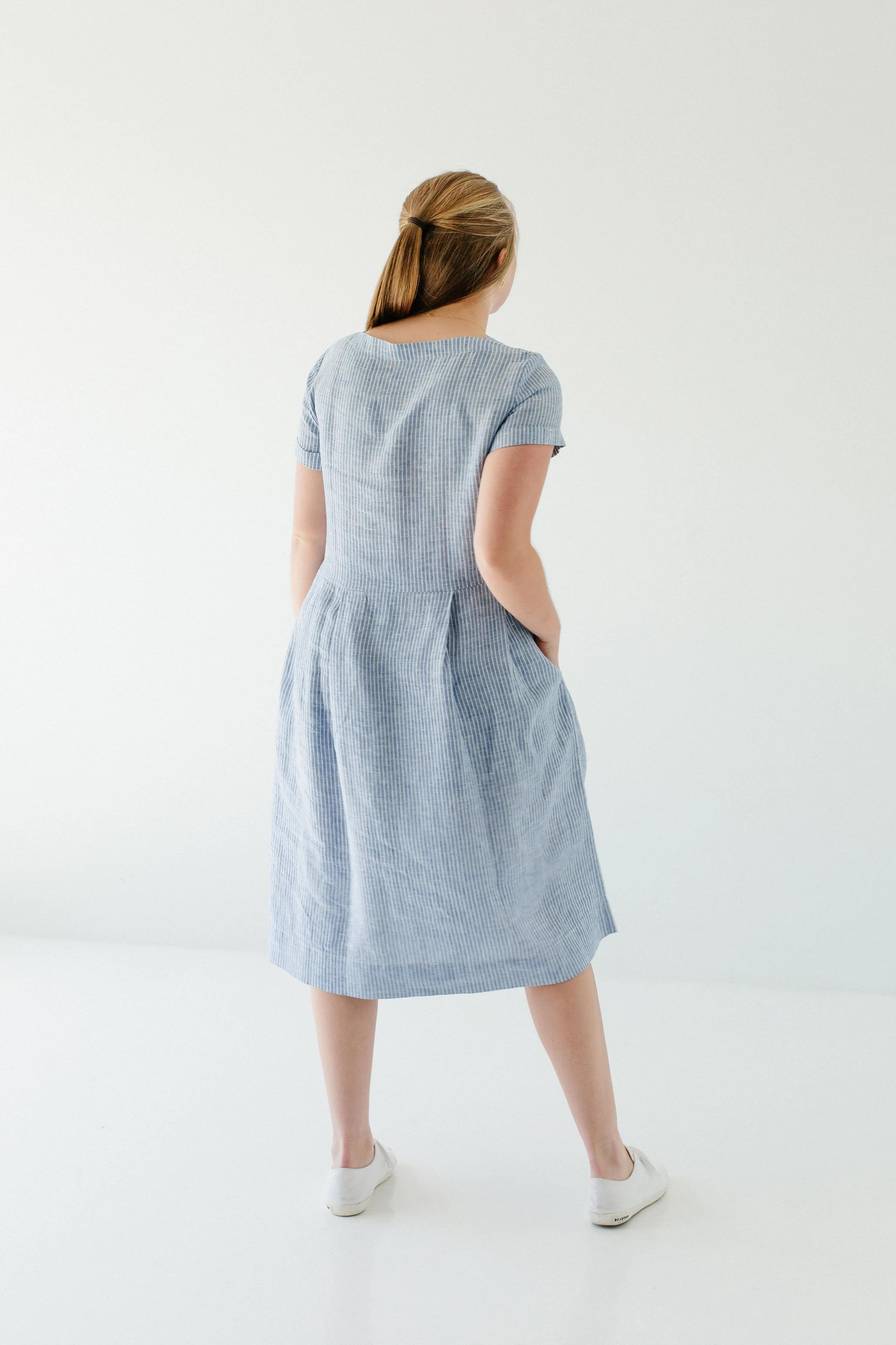 'Brigitte' 100% Linen Striped Midi Dress in Blue