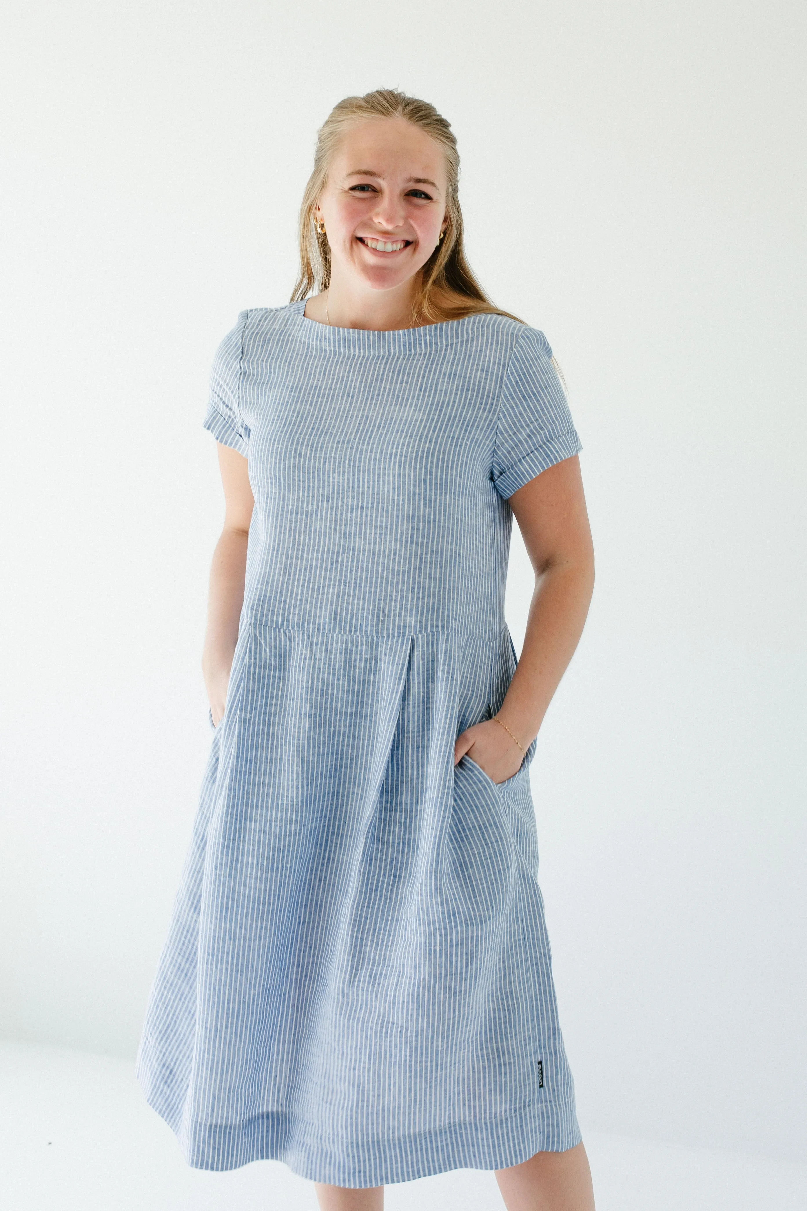 'Brigitte' 100% Linen Striped Midi Dress in Blue