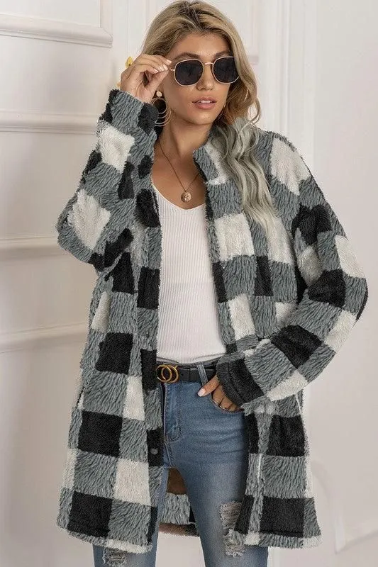 BUFFALO PLAID FLEECE FAUX FUR LAPEL JACKET COAT