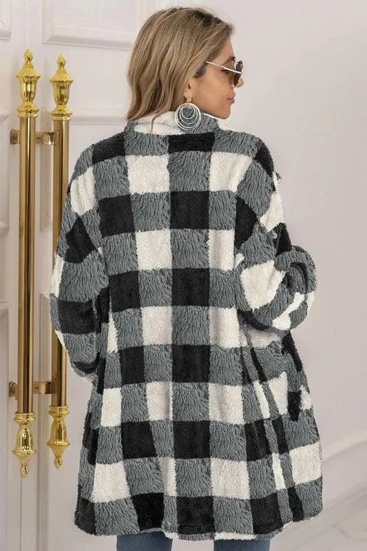 BUFFALO PLAID FLEECE FAUX FUR LAPEL JACKET COAT