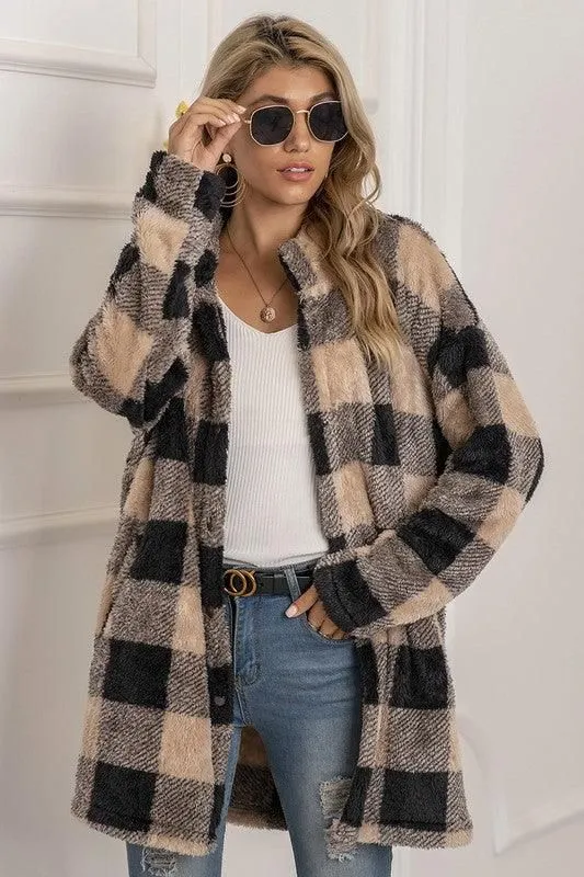 BUFFALO PLAID FLEECE FAUX FUR LAPEL JACKET COAT