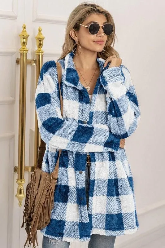 BUFFALO PLAID FLEECE FAUX FUR LAPEL JACKET COAT