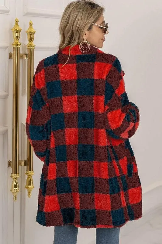 BUFFALO PLAID FLEECE FAUX FUR LAPEL JACKET COAT