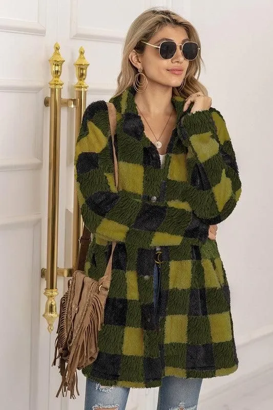 BUFFALO PLAID FLEECE FAUX FUR LAPEL JACKET COAT