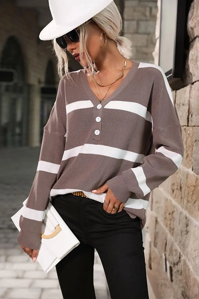 BUTTON NECK STRIPE CASUAL TOP