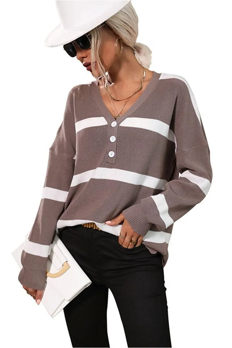 BUTTON NECK STRIPE CASUAL TOP