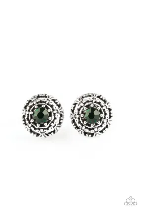 Courtly Courtliness Green Rhinestone and Silver Fleur de lis Post Earrings - Paparazzi Accessories