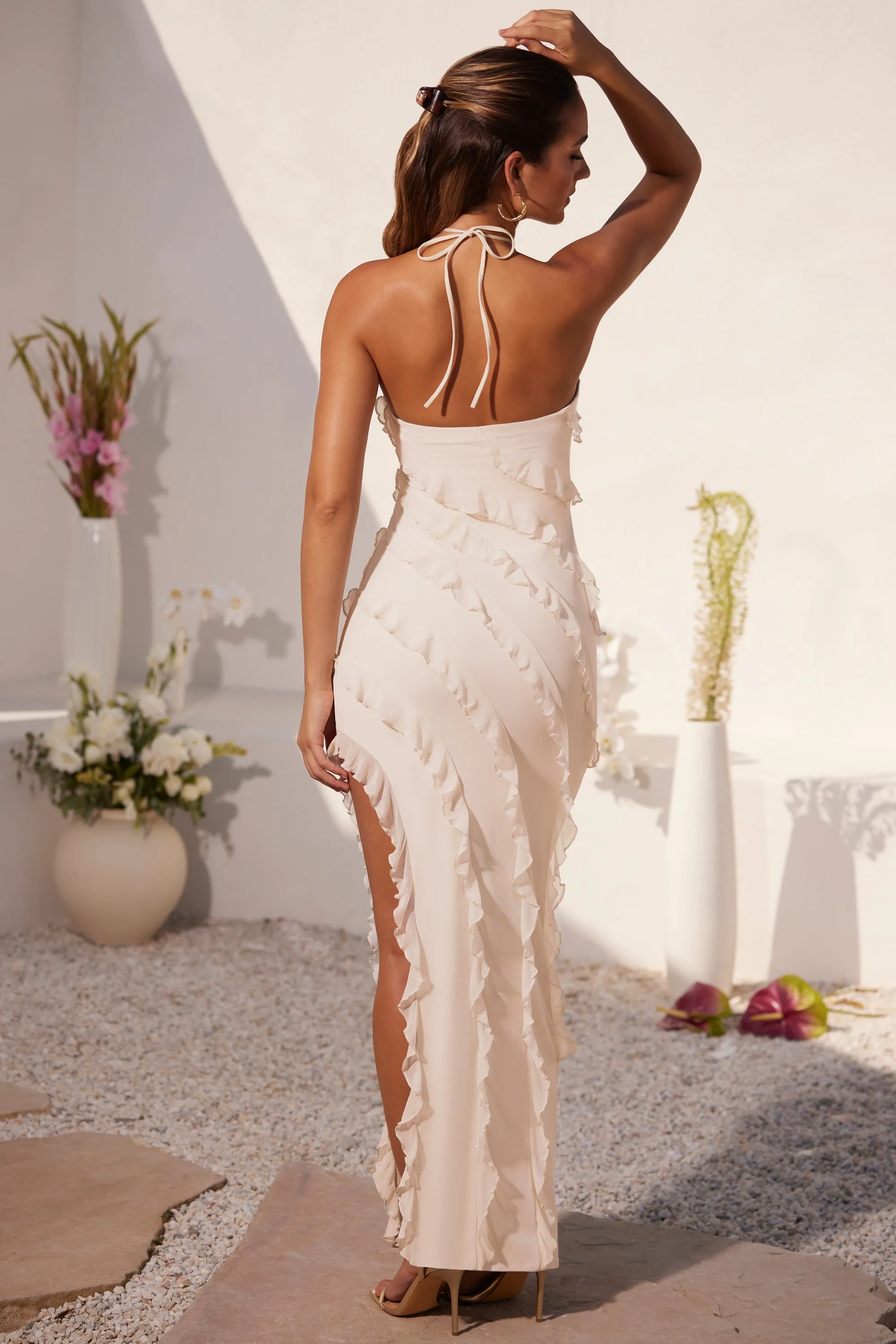 Cross Strap Ruffle Floor Length Dress in Ivory