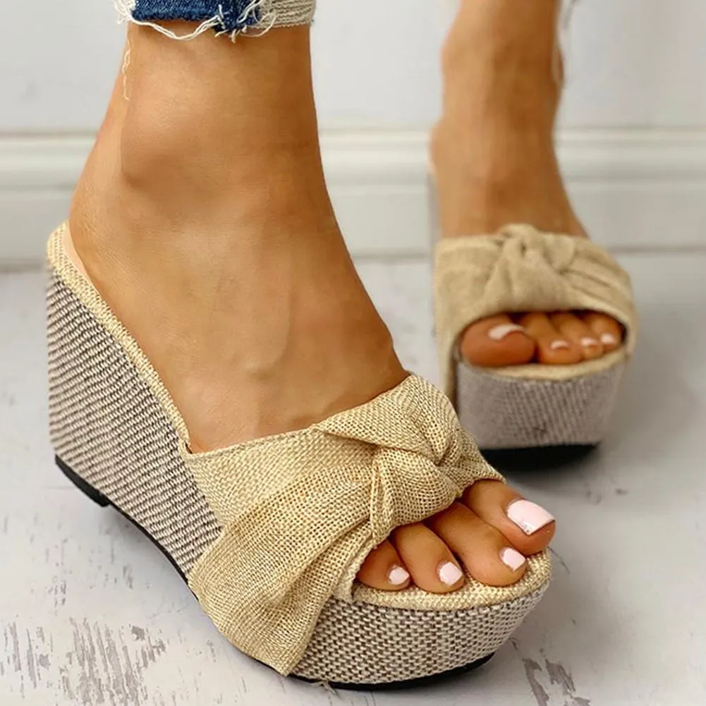 Denim Slip-On Knotted Strap Style Wedges