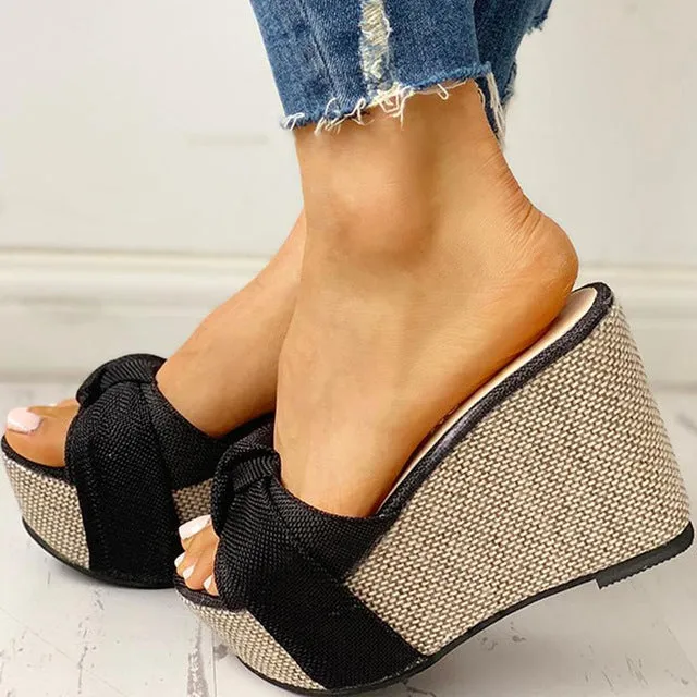 Denim Slip-On Knotted Strap Style Wedges