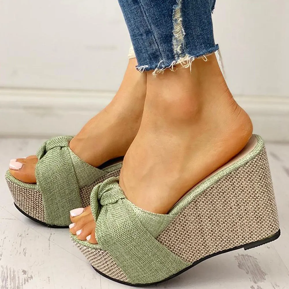 Denim Slip-On Knotted Strap Style Wedges