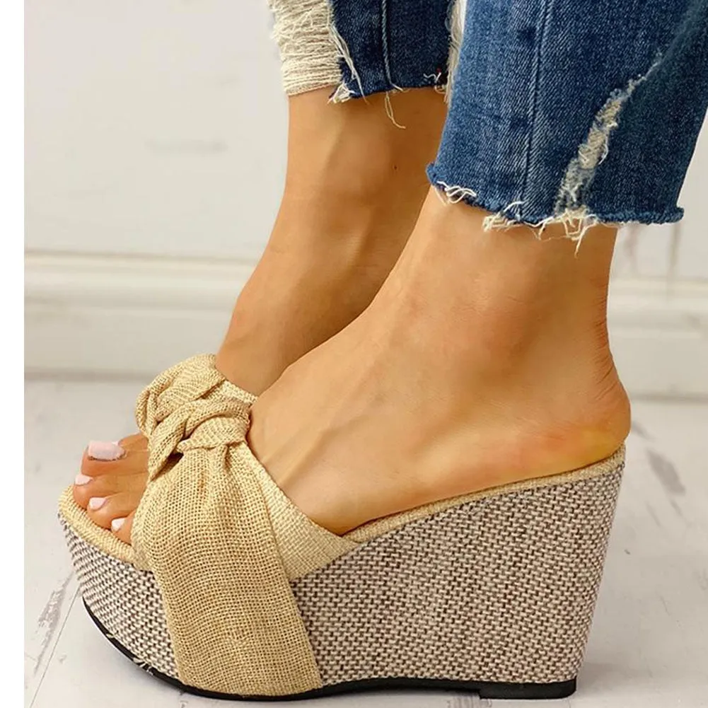 Denim Slip-On Knotted Strap Style Wedges