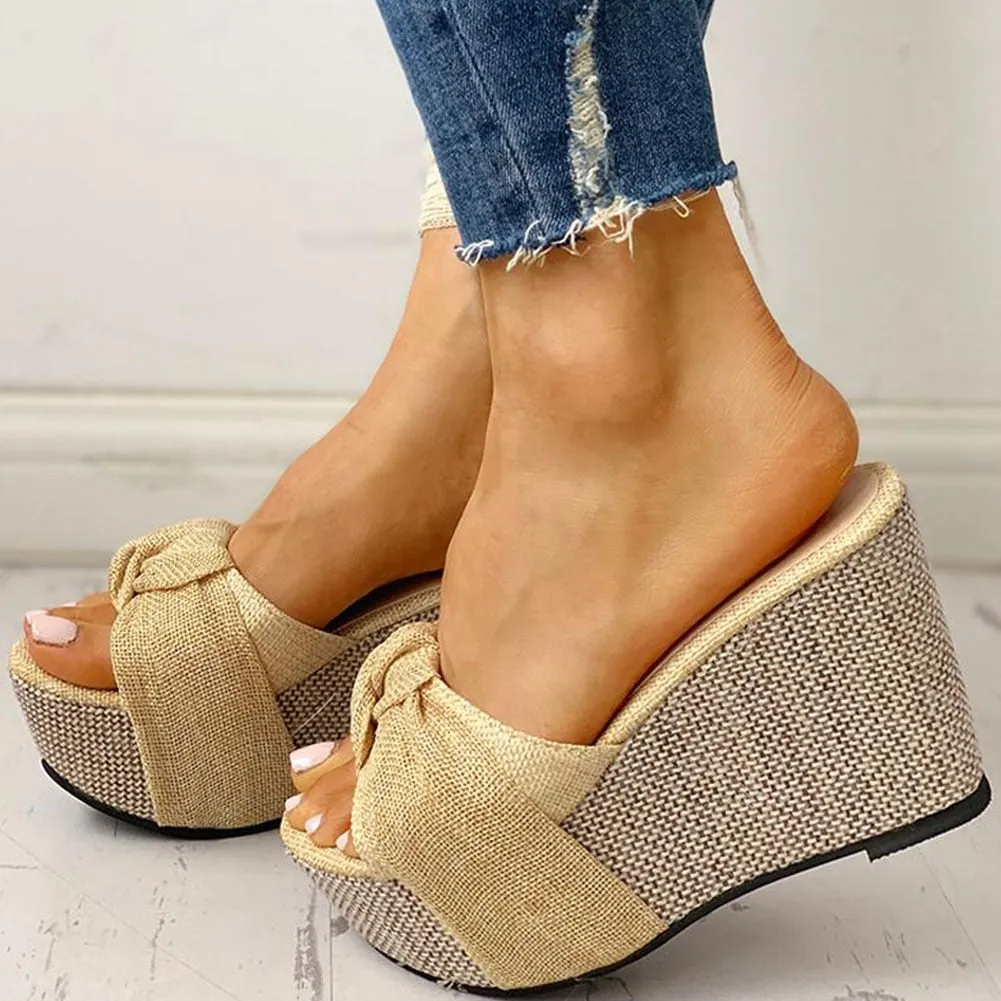 Denim Slip-On Knotted Strap Style Wedges