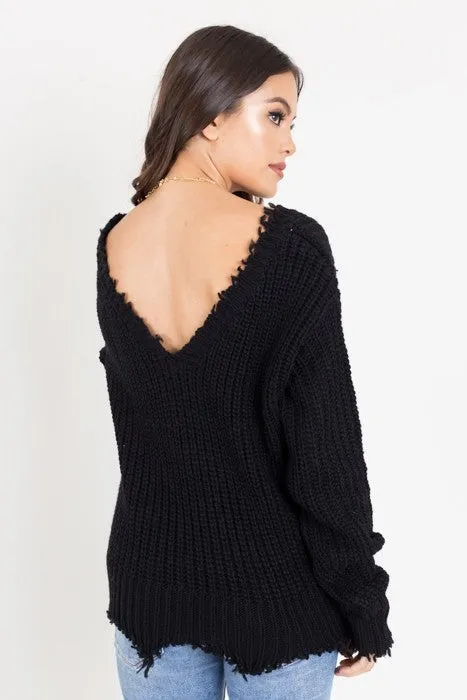 DISTRESSED DEEP V SWEATER