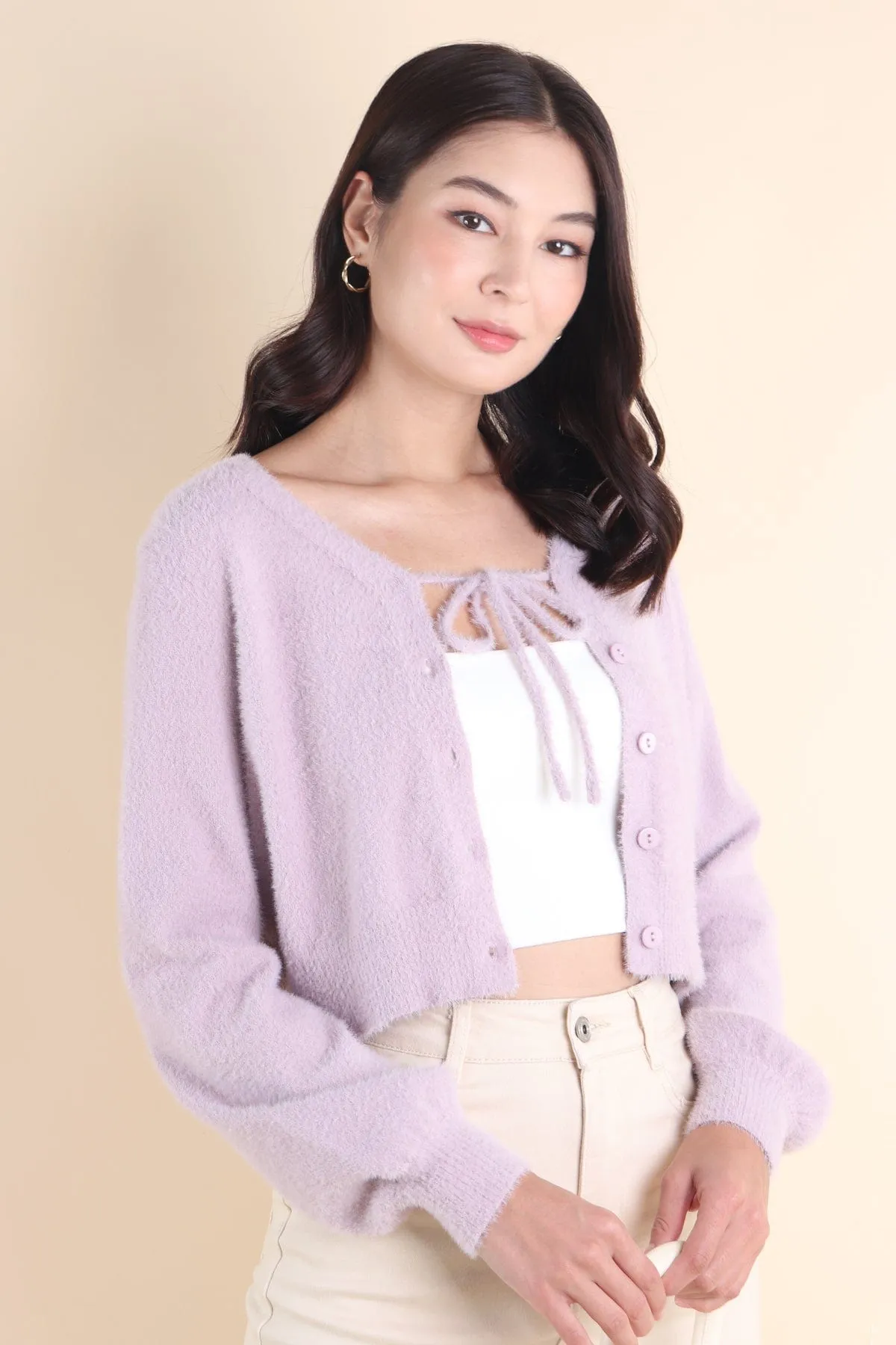 ELIZ BOW FURRY CARDIGAN IN LILAC