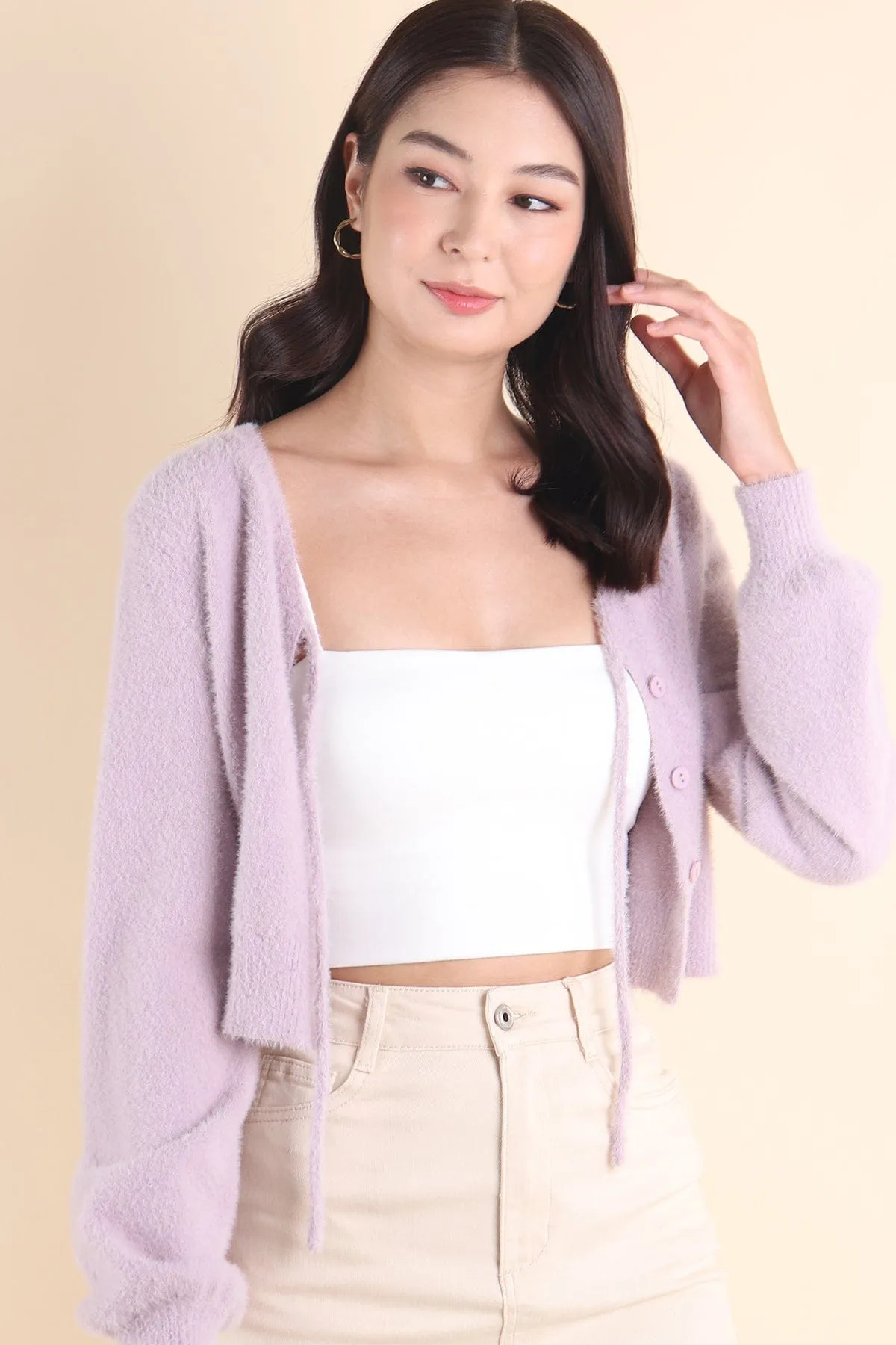 ELIZ BOW FURRY CARDIGAN IN LILAC