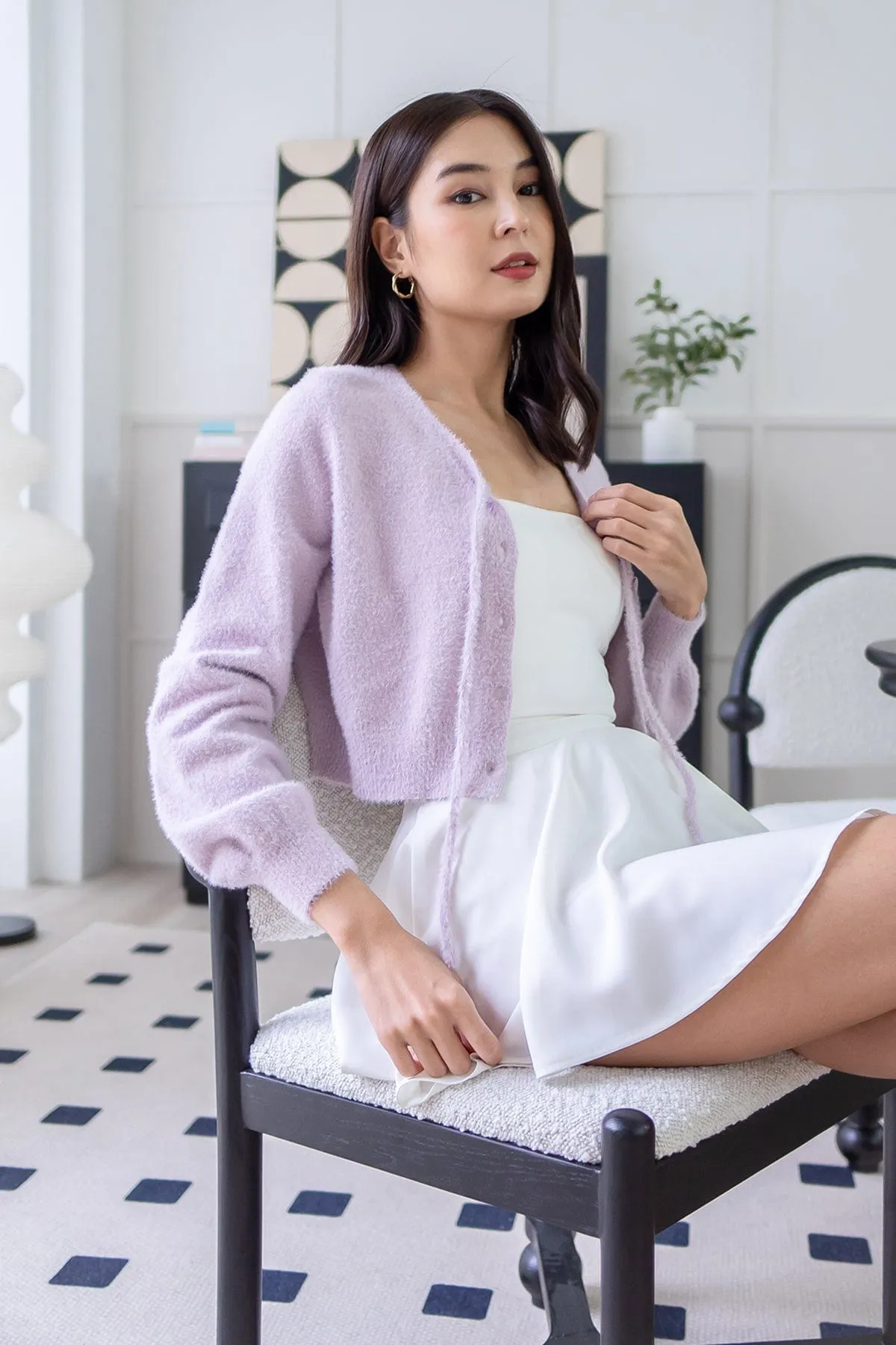 ELIZ BOW FURRY CARDIGAN IN LILAC