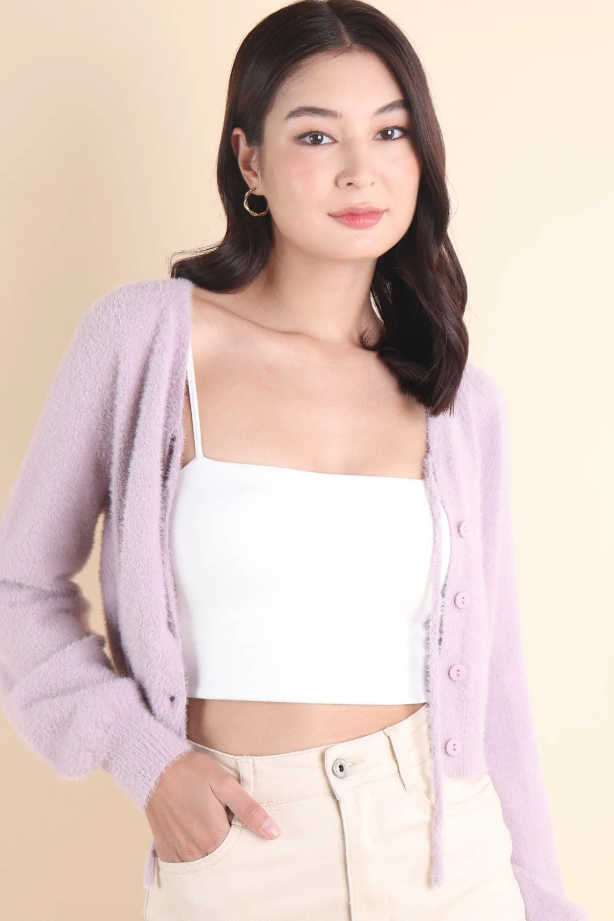 ELIZ BOW FURRY CARDIGAN IN LILAC