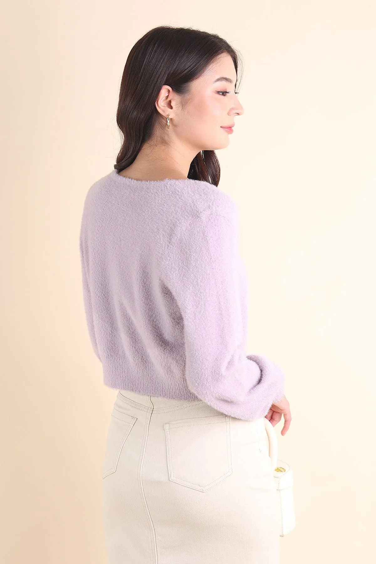 ELIZ BOW FURRY CARDIGAN IN LILAC