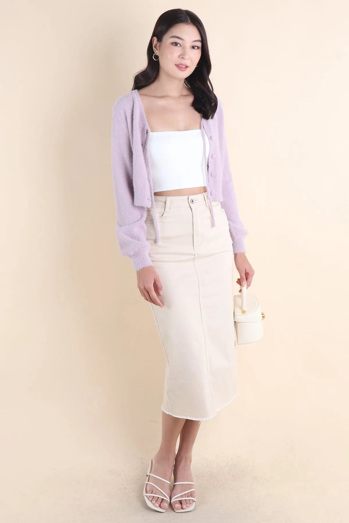 ELIZ BOW FURRY CARDIGAN IN LILAC