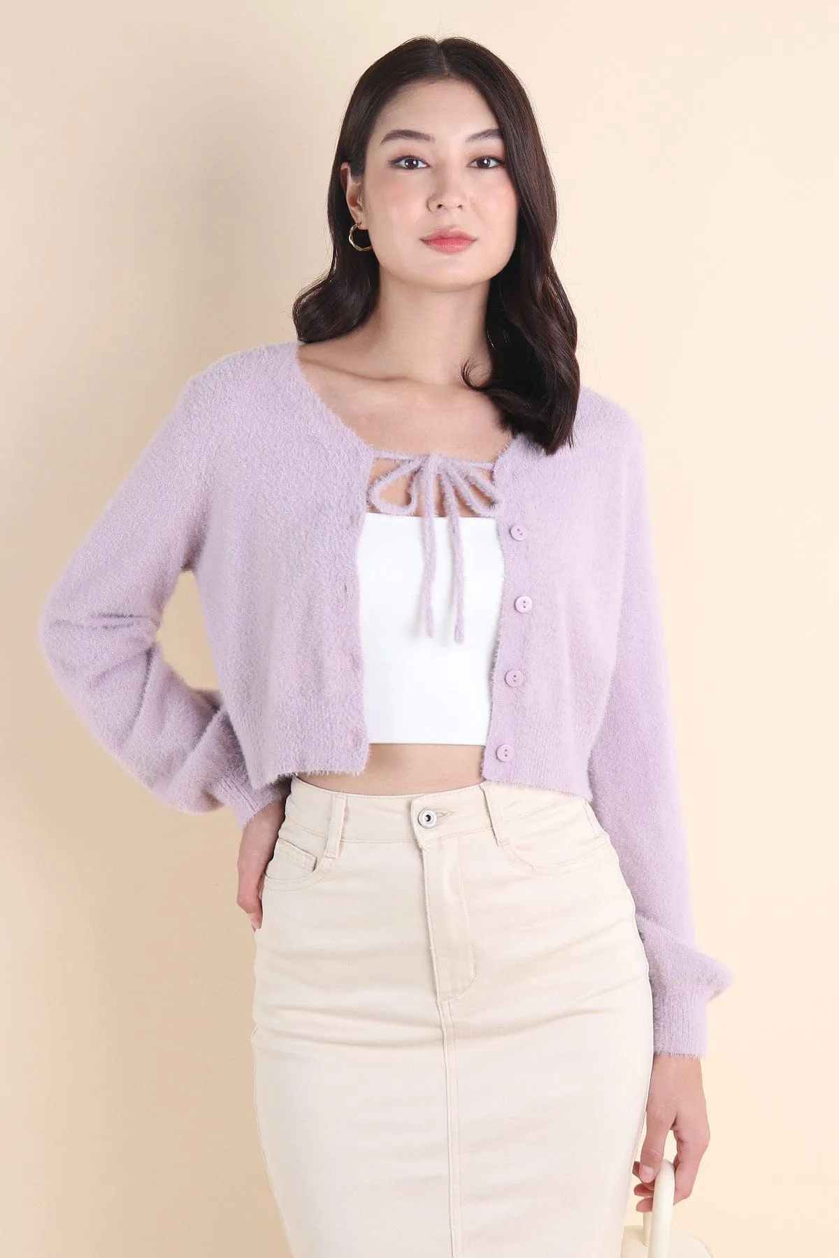 ELIZ BOW FURRY CARDIGAN IN LILAC